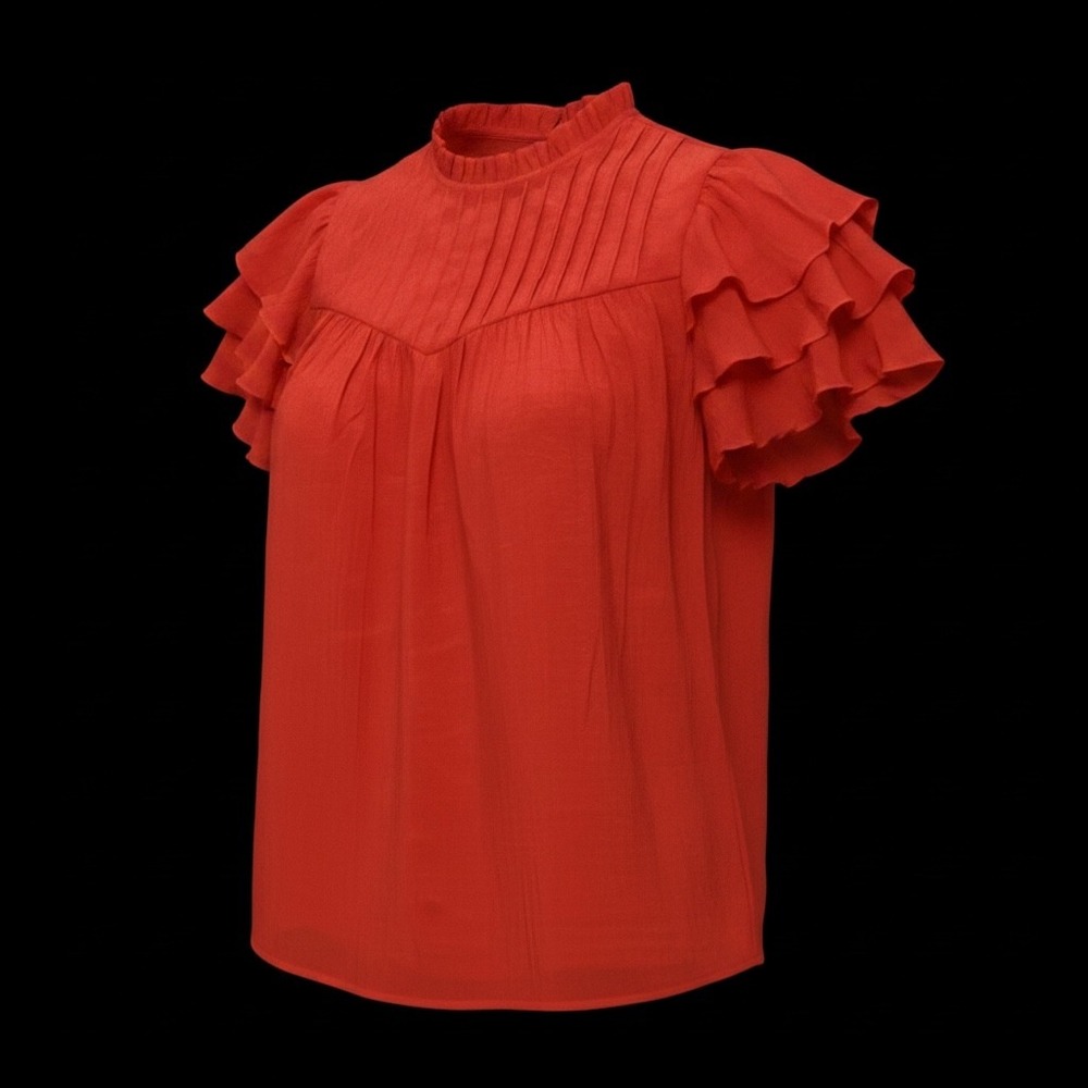 Nanette Lepore Red Pintuck Ruffle Neck Tiered Sleeve Blouse Medium